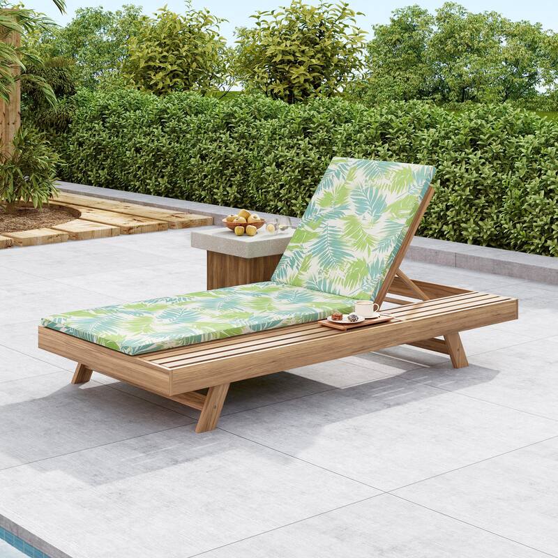 Outdoor Patio Acacia Wood Chaise Lounge Chair with Adjustable Backrest, Side Open Storage and Water-Repellent Cushions - 2" Green Leaf - 1pc Light Brown