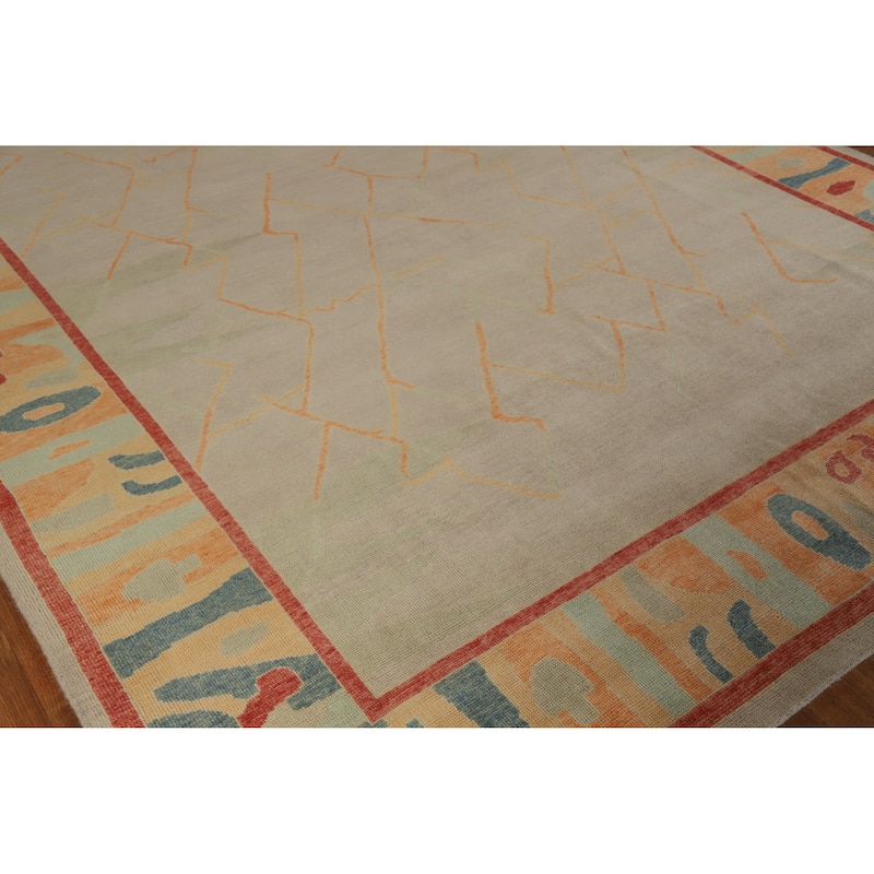 Hand Knotted Oriental 100% Wool Carpet Transitional Geometric Beige & Ivories Oushak Area Rug - 9' 1'' X 8' 0''