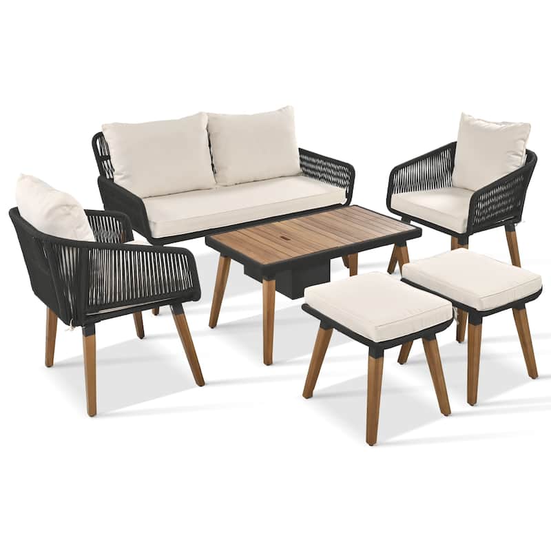 6-Piece Rope Patio Furniture Set with Acacia Wood Cool Bar Table