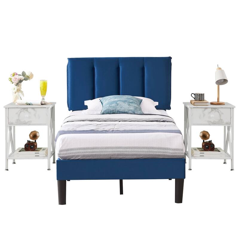VECELO 3-Pieces Tufted Upholstered Platform Bed Frame with Adjustable Height Headboard and Nightstands Set of 2, Dark Blue