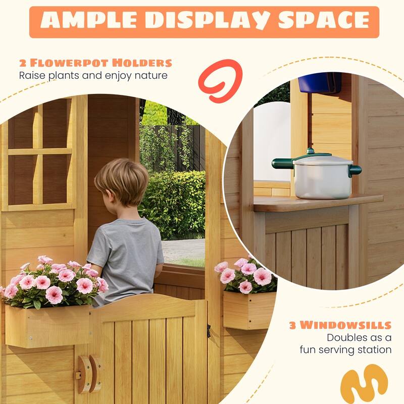 Wooden Adventure Cottage Playhouse for Kids with Working Door, Windows, Service Station, and Flower Pot Holders