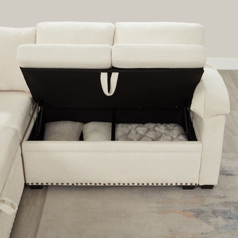 L-Shaped Chenille Sectional Sofa with Pull-Out Bed, Upholstered Convertible 7-Seater Sofa with Storage Ottoman & 2 Pillows