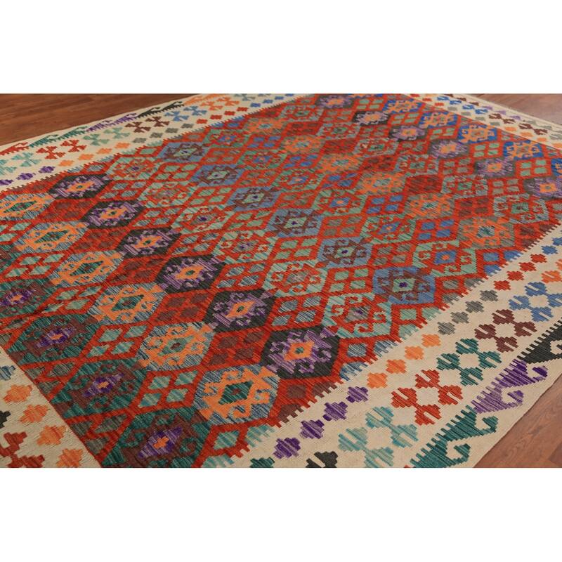Trellis Geometric Kilim Oriental Area Rug Flatweave Wool Carpet - 8'8" x 11'9"