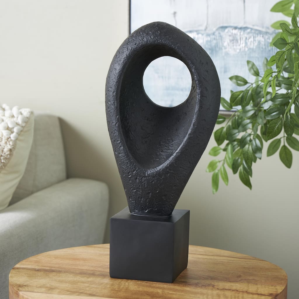 Black Polystone Textured Cutout Teardrop Abstract Decorative Sculpture with Block Base
