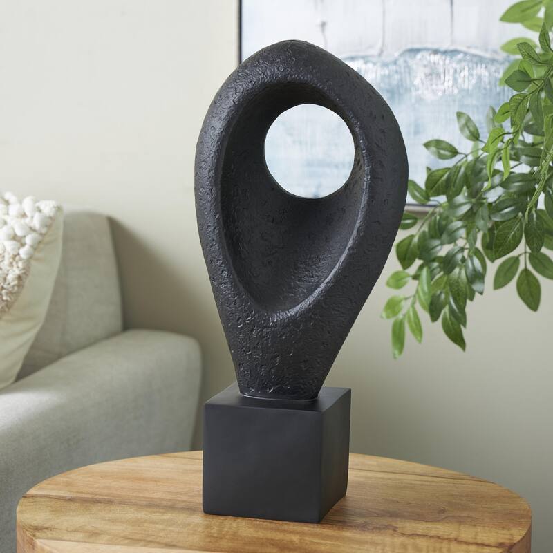 Black Polystone Textured Cutout Teardrop Abstract Decorative Sculpture with Block Base - Black
