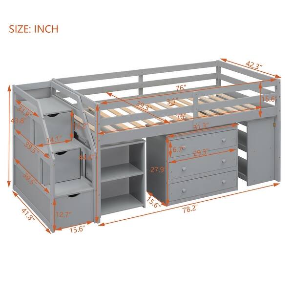 dimension image slide 5 of 6, Artsy Twin Size Loft Bed with Retractable Writing Desk and 3 Drawers, Wooden Loft Bed with Storage Stairs and Shelves, Espresso