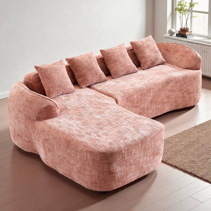 Chenille L-Shaped Compressed Sofa, 4-Seat Sectional Couch with Curved Armrests, High-Elastic Sponge & 4 Throw Pillows