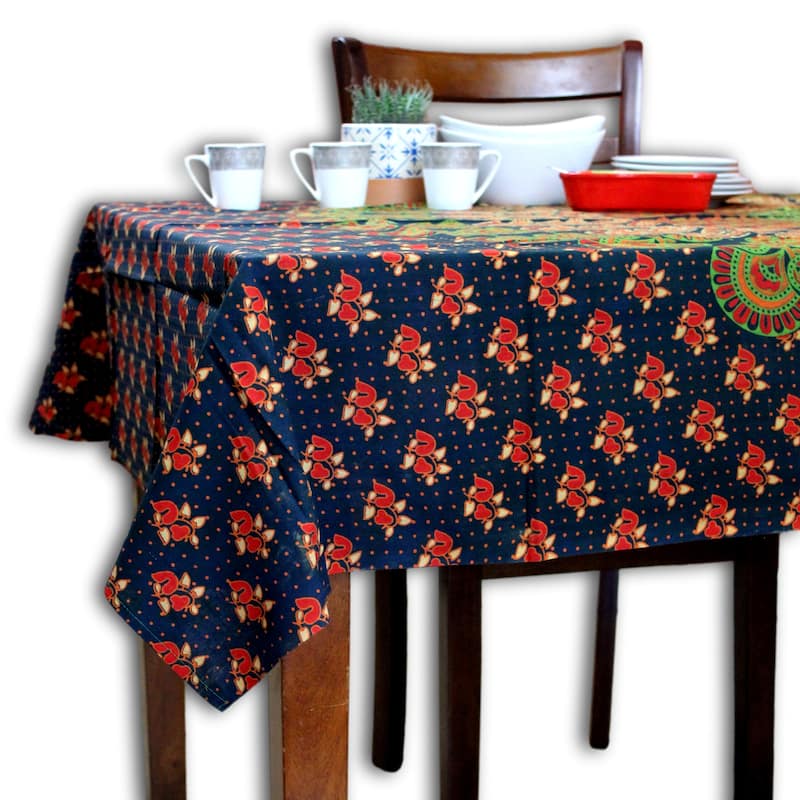 Cheery Peacock Floral Print Cotton Tablecloth Collection - 54 x 84 in - Green Orange