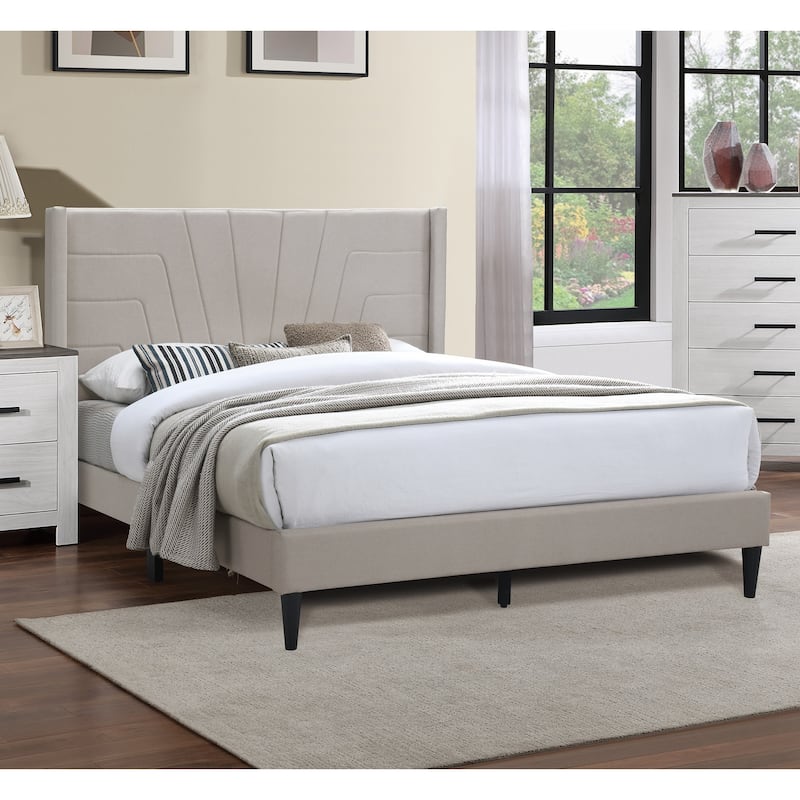 Queen Size Light Brown Burlap Fabric Upholstered Platform Bed with Tufted Headboard - Light Brown