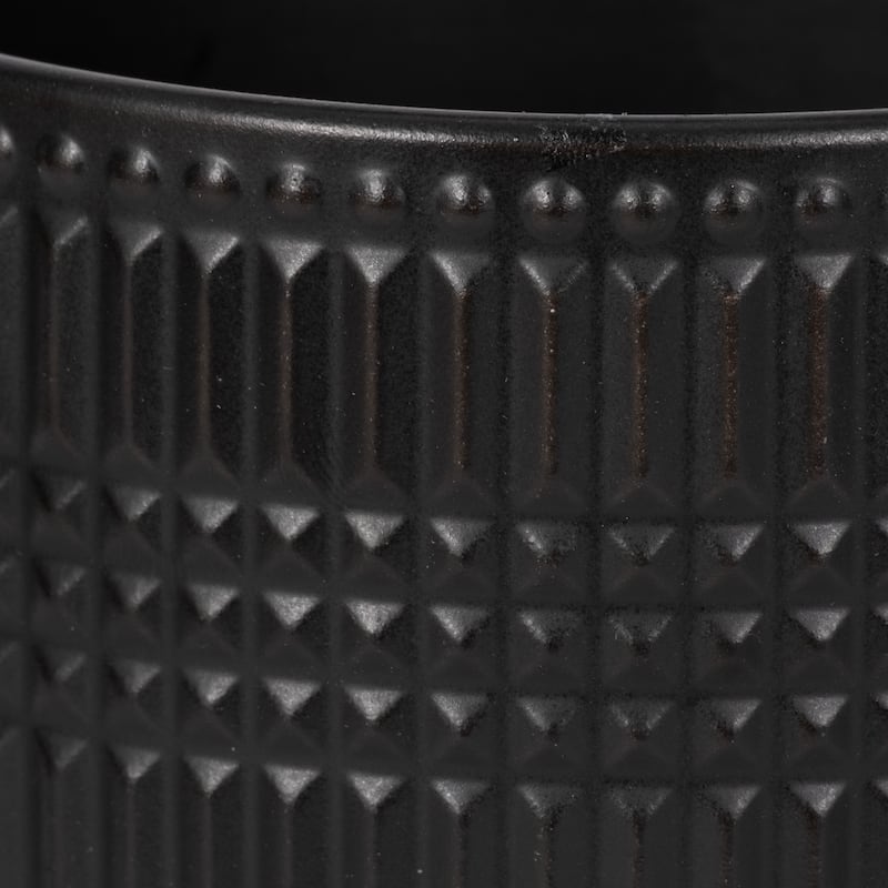 Black Ceramic Planter on Bamboo Stand Contemporary Embossed Tribal Design For Indoor or Outdoor Plants, Succulents,