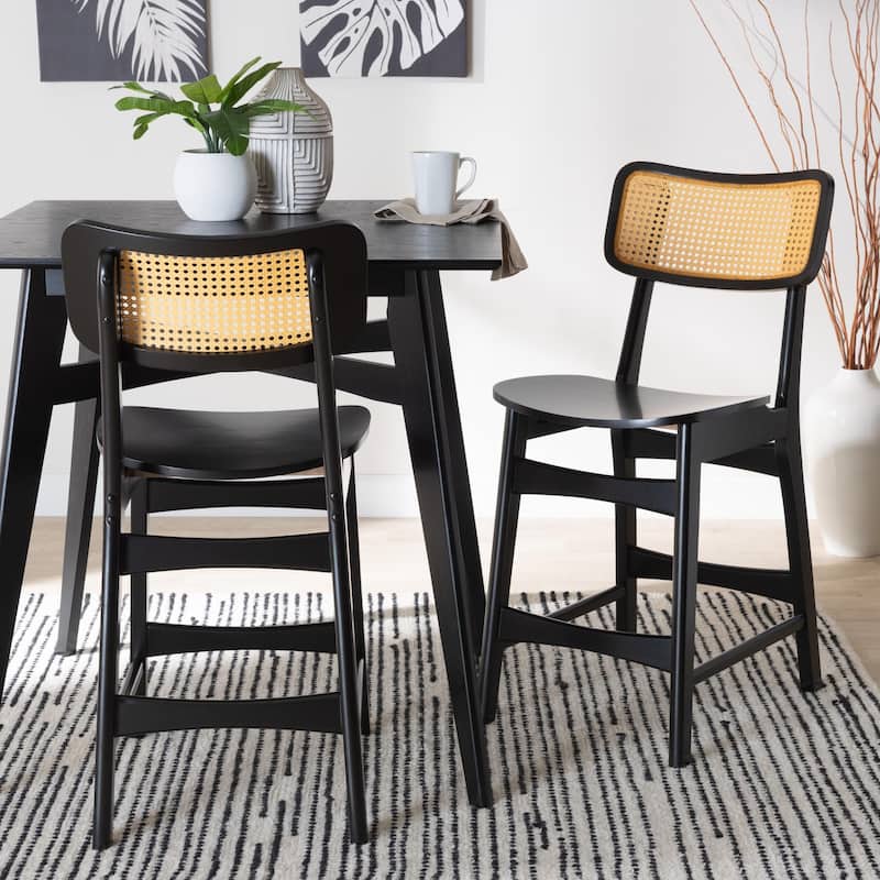Tafari Mid-Century Modern Wood and Rattan 2-Piece Counter Stool Set
