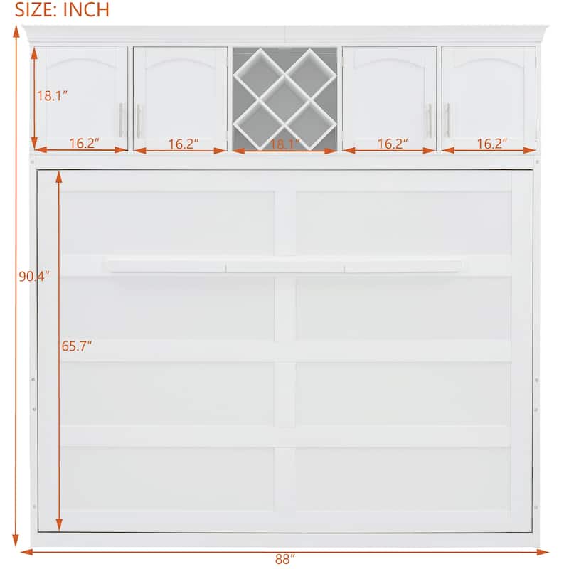 Queen Murphy Bed with Upper Cabinets and Wine Rack, Space-Saving Foldable Wall Bed with Slats