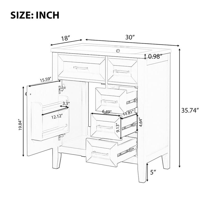 30" Solid Bathroom Vanity with Sink Set, Bathroom Cabinet with Drawers
