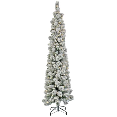 National Tree Company 7 ft. Pre-Lit Snowy Methow Pencil Slim Tree with LED Lights - 7 Foot