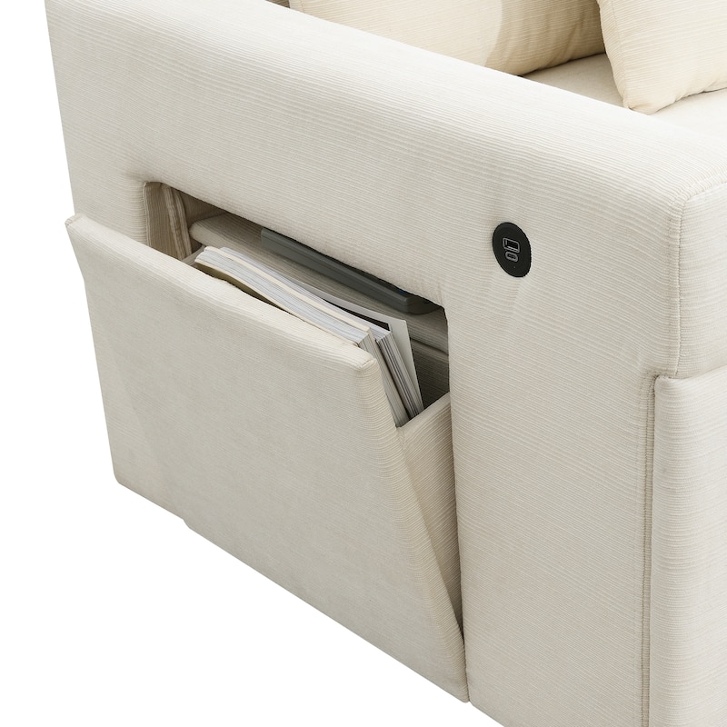 Chenille Sectional Sofa with Hidden Armrest Storage, Cup Holders, USB Charging Ports and Oversized Ottoman Chaise Lounge