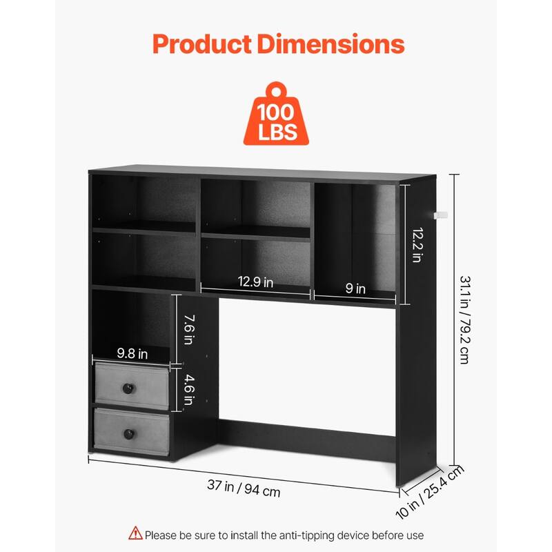 Particle Board Desktop Bookshelf Hutch, 3-Shelf Organizer and Office Storage Rack - 37.0" L x 10.0" W x 31.1" H
