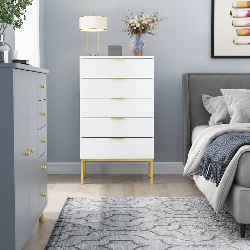 5 Drawer Dresser Chest End Table Storage Cabinet 23.6'' W White/Back