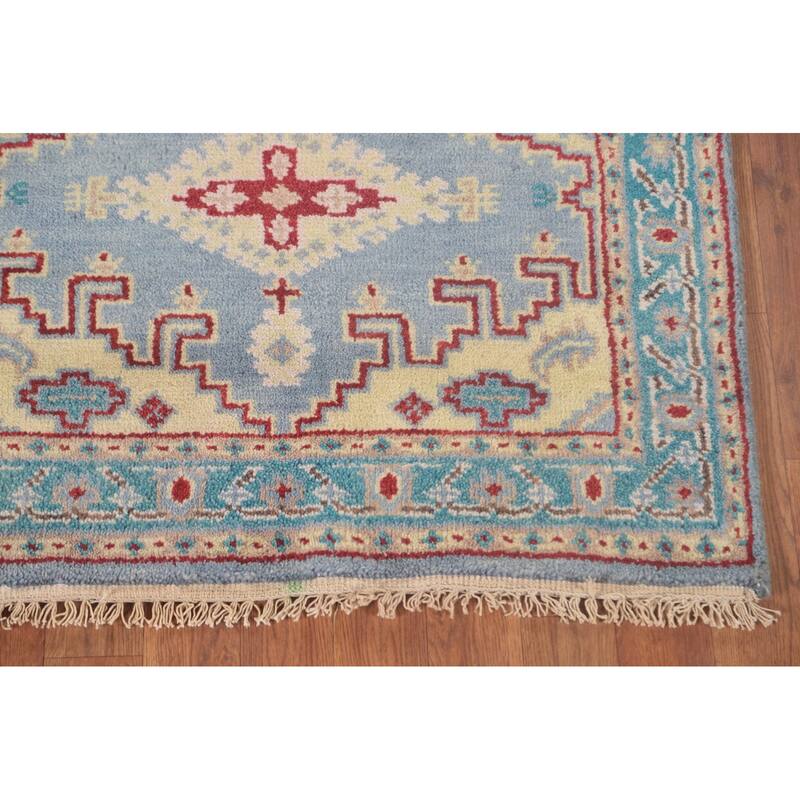 Geometric Kazak Accent Rug Handmade Blue Wool Carpet - 3'0"x 4'11"