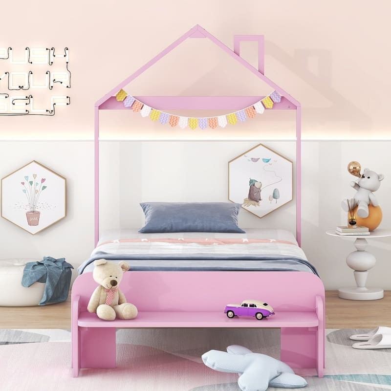 Full Size Wood Platform Bed with House-shaped Headboard and Footboard Bench