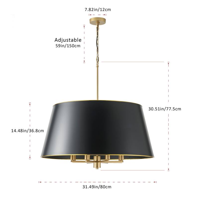 Brushed Gold 8-Light Pendant Light Fixture with Black PVC Lampshade