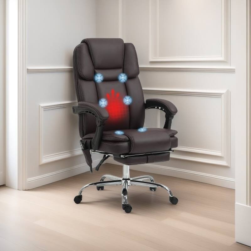 Heated PU Leather Executive Office Chair with Massage, Reclining Backrest, Adjustable Height & Extendable Footrest - Brown
