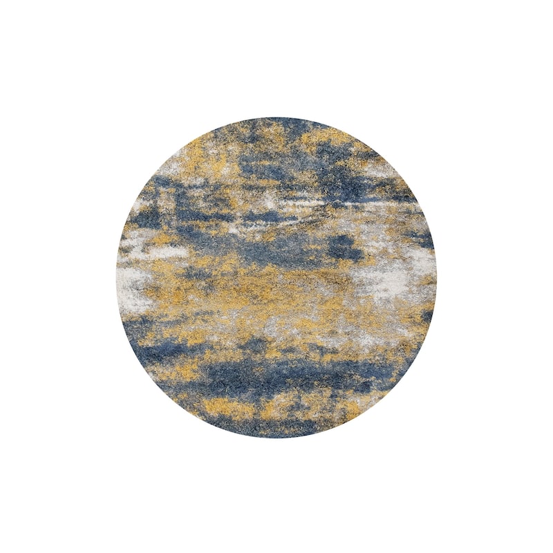 Noori Rug Lux Madison Abstract 2-Inch Shag Area Rug - 5' Round - Blue/Gold