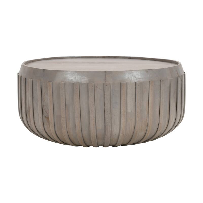 Alisha 36 Inch Coffee Table, Handcrafted Drum Shape with Ribbed Edges, Gray Mango Wood