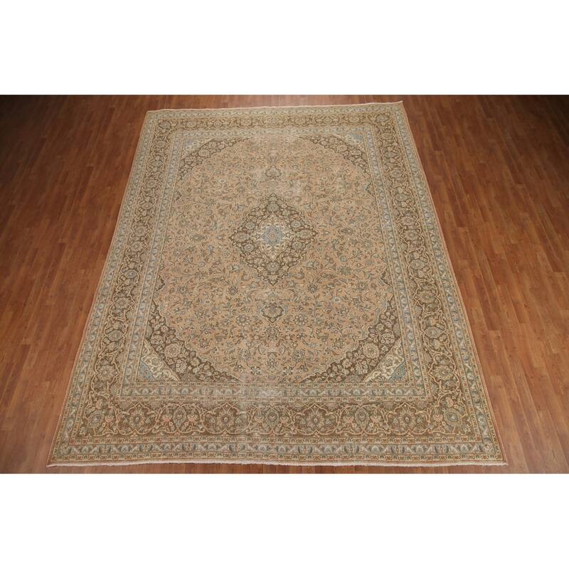 Hand Knotted Oriental 100% Wool Carpet Traditional Floral Peach Mashad Area Rug - 12' 3'' X 9' 7''