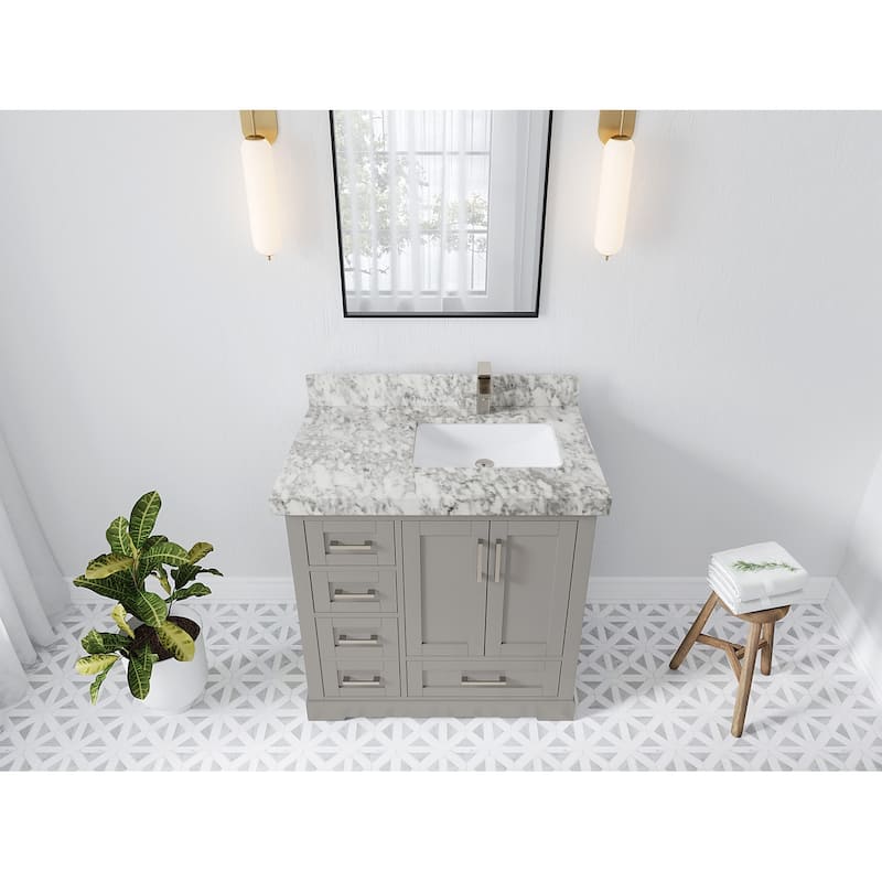 Willow Collections 36 x 22 Boston Right Offset Sink Bathroom Vanity with Quartz or Marble Countertop - 2"Carrara Marble - Elephant Skin Gray