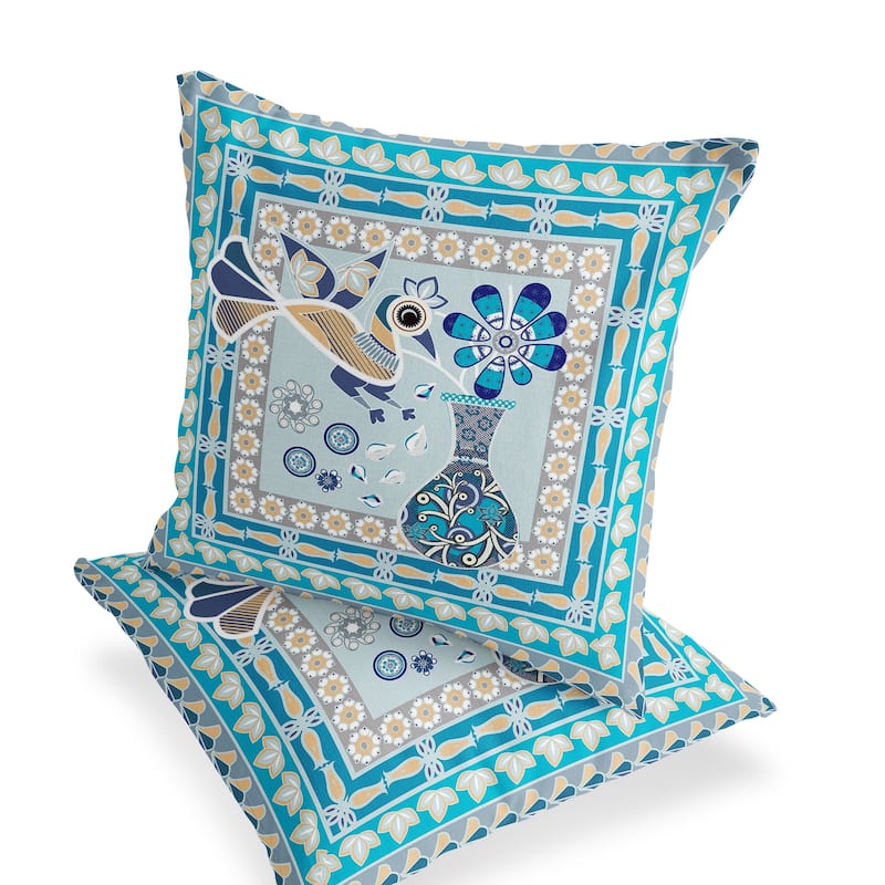 HomeRoots Set of Two 16" X 16" Blue and Gold Peacock Blown Seam Floral Indoor Outdoor Throw Pillow - 16.00' X '16.00' X '5.00