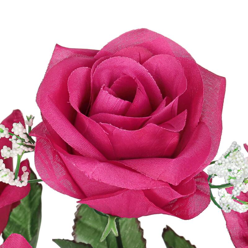 Set of 12 Hot Pink Artificial Open Rose Flower Stem Bush Bouquet 14in - 14" L x 7" W x 7" DP