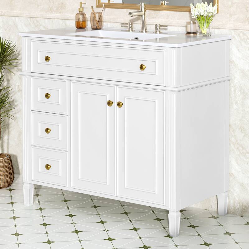 Roomfitters 36" Bathroom Vanity with Sink, Solid Wood Frame, Flip-Out Drawer, 3 Drawers & Soft-Close Doors