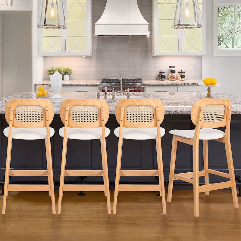 Wood Upholstered Counter Height Bar Stools with Rattan Back - 36.81"H x 17.72"W x 18.7"D