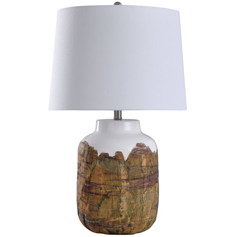 StyleCraft Canyon Brown and White Textured Cylinder Ceramic Table Lamp with White Tapered Drum Shade - Textured Ceramic