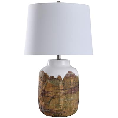 StyleCraft Canyon Brown and White Textured Cylinder Ceramic Table Lamp with White Tapered Drum Shade