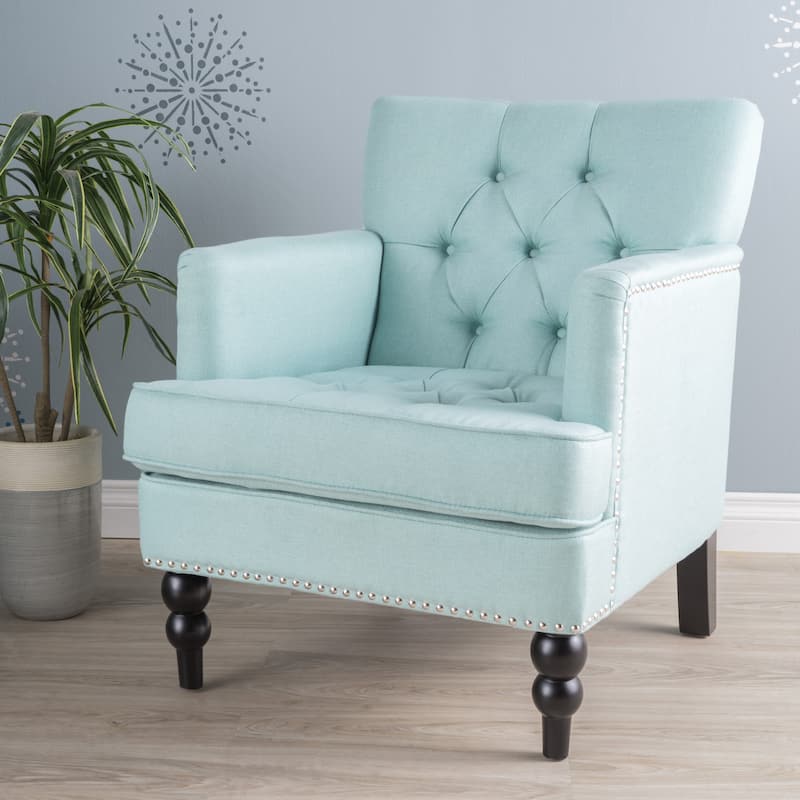 Roomfitters Tufted Club Chair, Upholstered Fabric Armchair with Nailhead Trim and Birch Wood Legs