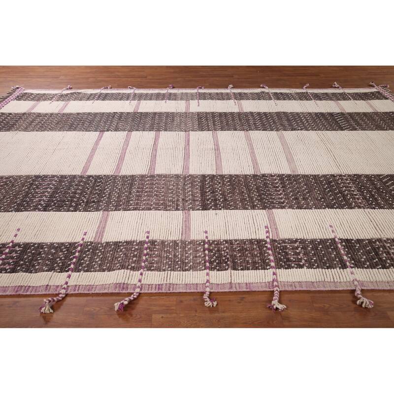 Striped Moroccan Modern Area Rug Handmade Wool Carpet - 8'11"x 12'7"