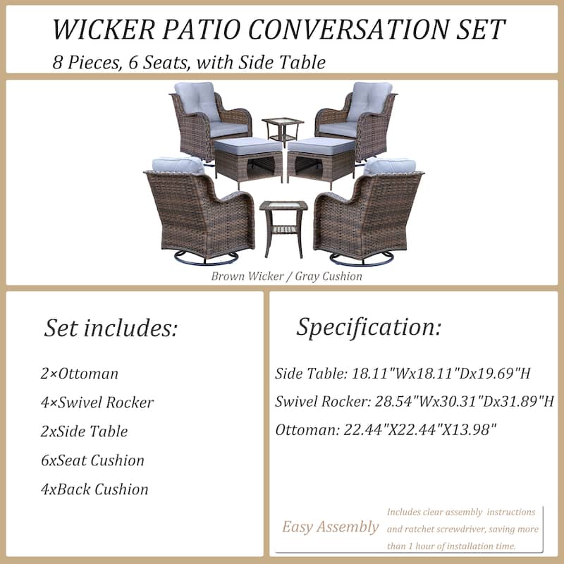 8 Piece Outdoor Patio Swivel Glider Chairs Ottoman Set with Side Table