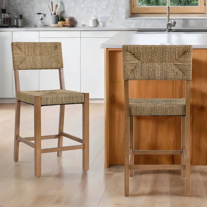Couture 24" Height Weave Seagrass Rattan Counter Stools - 17.6"W x 20.7"L x 39.4"H - Set of 2 - Brown