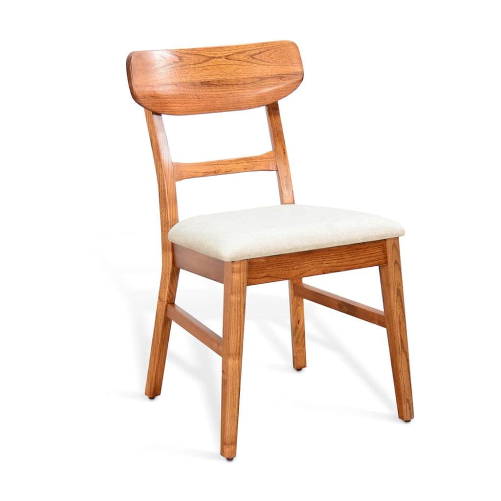 Amy Dining Chair Set of 2, Curved Back, Beige Seat, Light Brown Solid Wood