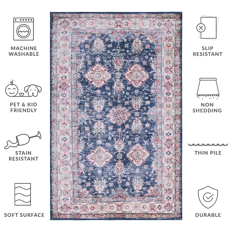 SAFAVIEH Tucson Machine Washable Slip Resistant Daisie Oriental Rug - 6' x 9' - Navy/Beige