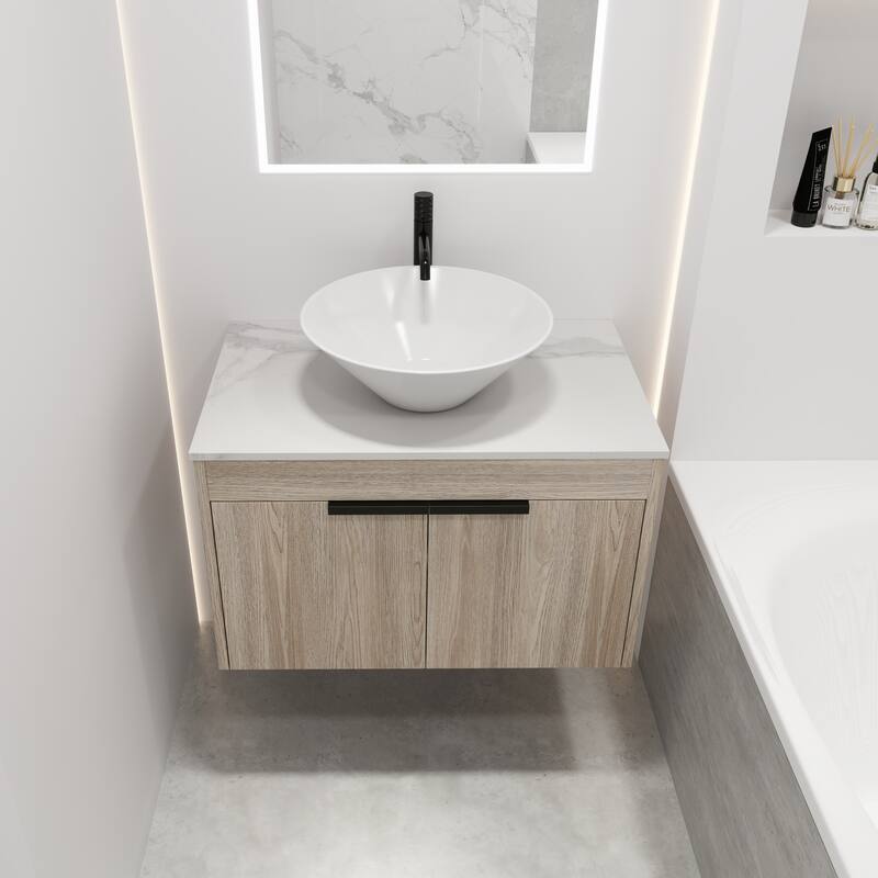 30''Modern Design Float Bathroom Vanity With Ceramic Basin Set,Wall Mounted White Oak Vanity With Soft Close Door