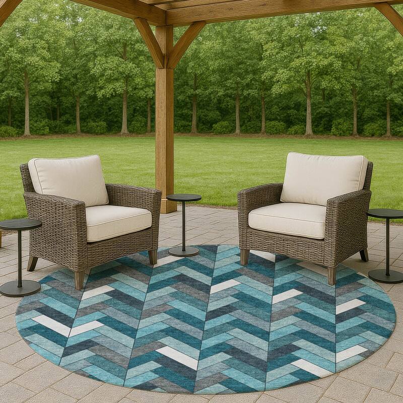 Machine Washable Indoor/ Outdoor Modern Chevron Chantille Rug - Teal - 8' x 8'