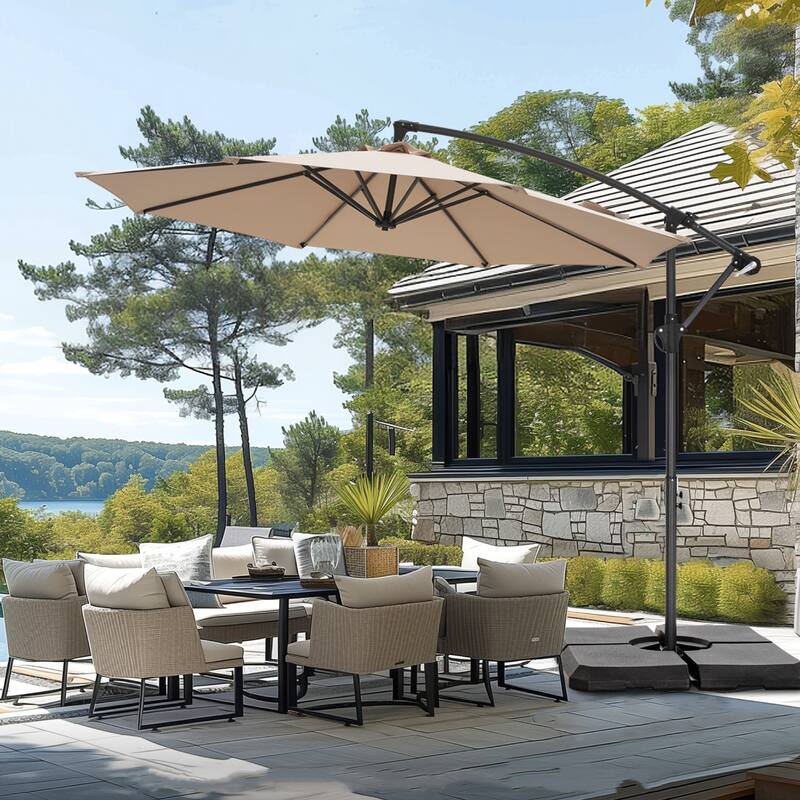 MAISON ARTS 10ft Patio Offset Umbrella Cantilever Umbrellas Market Hanging Umbrella with Crank Handle & Base Include - Beige-With Weights