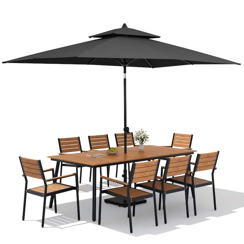 11PC Outdoor Patio Dining Set Wood-Like Aluminum Table with Stackable Armchairs,Double Top Market Umbrella and Wheel Base