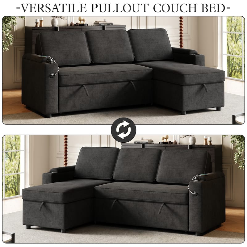 85.8" Sleeper Sectional Sofa with Storage Chaise, Armrest, Charging Port