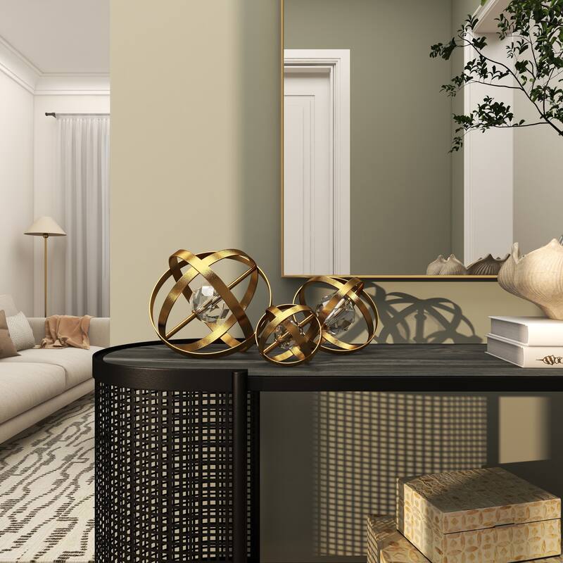 Metal Geometric Orb Decorative Sculpture with Acrylic Center - Set of 3 Gold or Silver - Roche River Decor