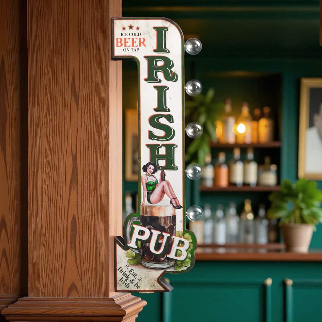 American Art Decor Vintage 'Irish PUB' LED Metal Sign - Retro Bar Wall Decor - 8.25" x 25"
