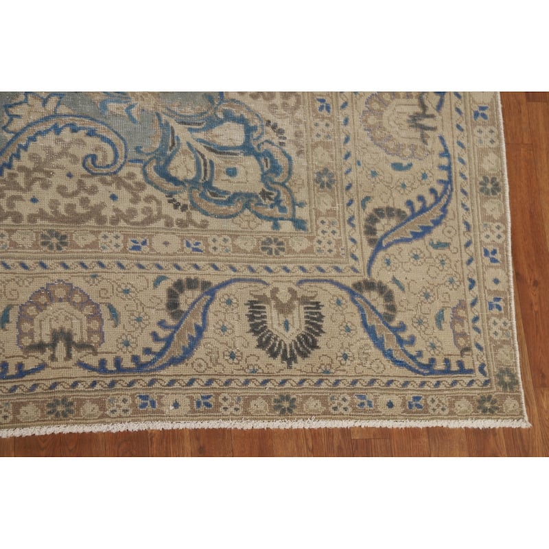 Distressed Blue Tabriz Vintage Persian Area Rug Handmade Wool Carpet - 9'7" x 12'2"