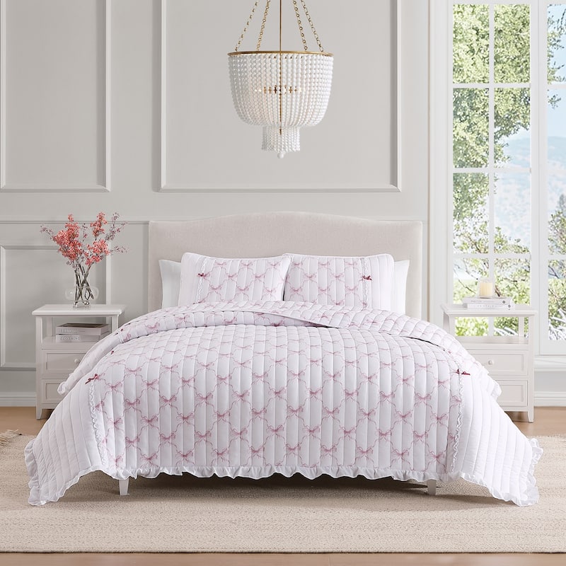 Maisy Bows Mauve White All-Season Embellished Ruffle Reversible Quilt Set - Full/Queen